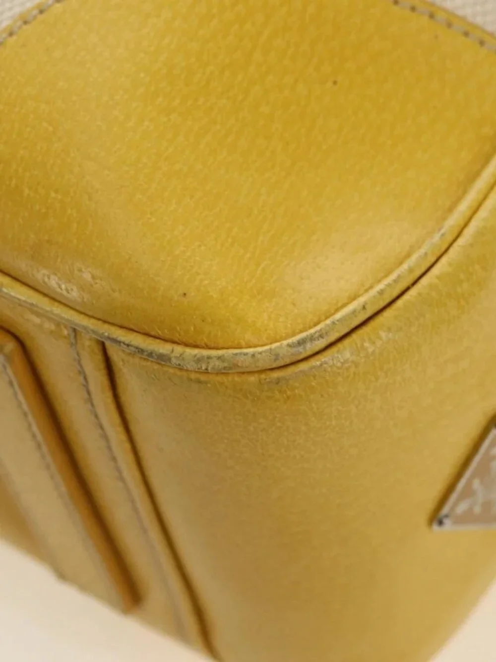 PRADA Hand Bag Canvas Leather Beige Yellow Silver Auth